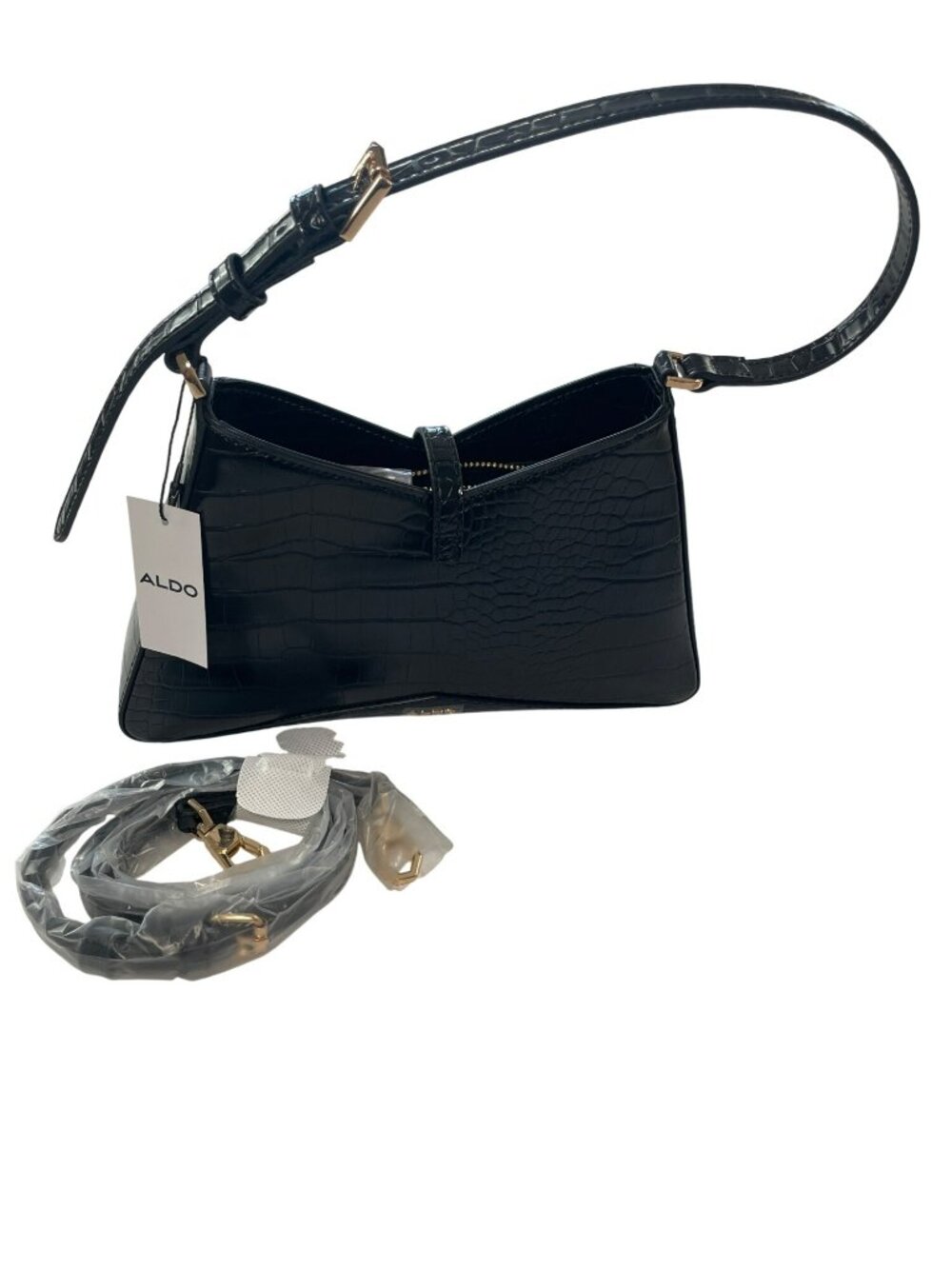 Aldo Julietta Black Croc-Embossed Shoulder Bag Adjustable Strap Gold Accents NWT - Picture 4 of 9
